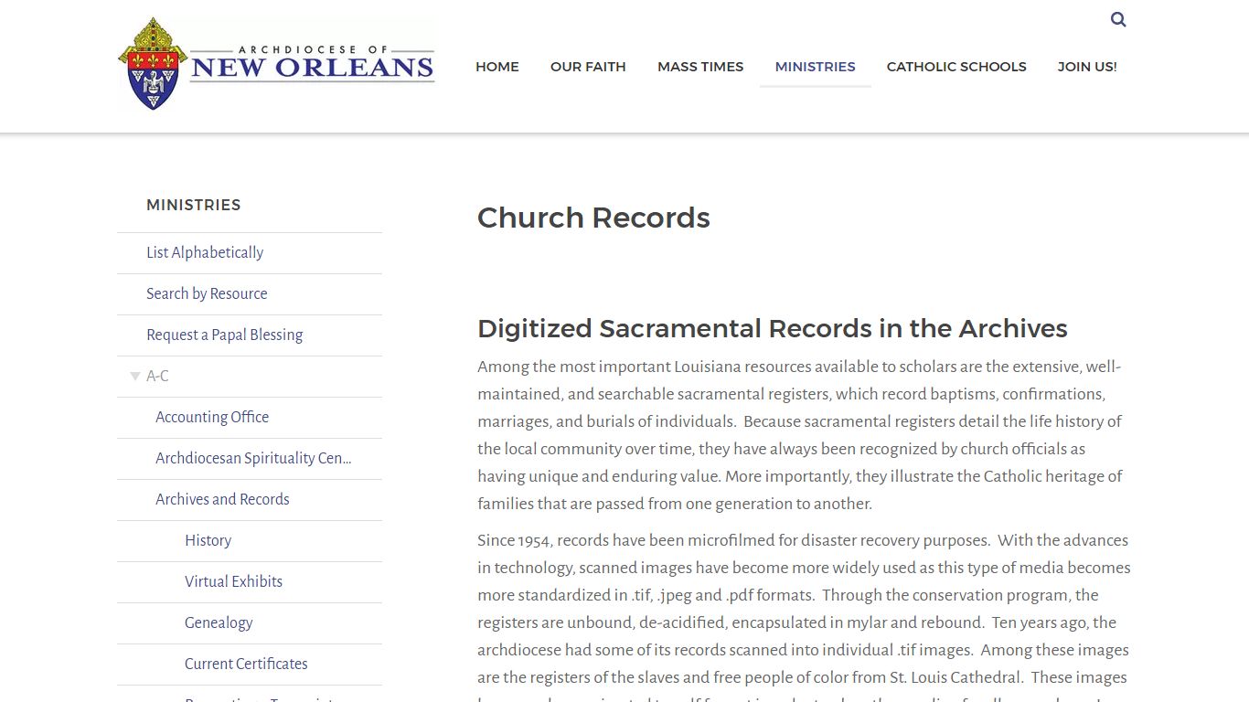 Church Records - Archdiocese of New Orleans - New Orleans, LA